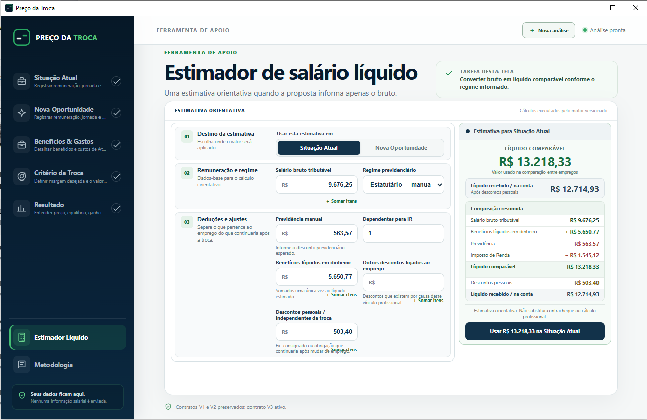 Tela oficial do Estimador Líquido